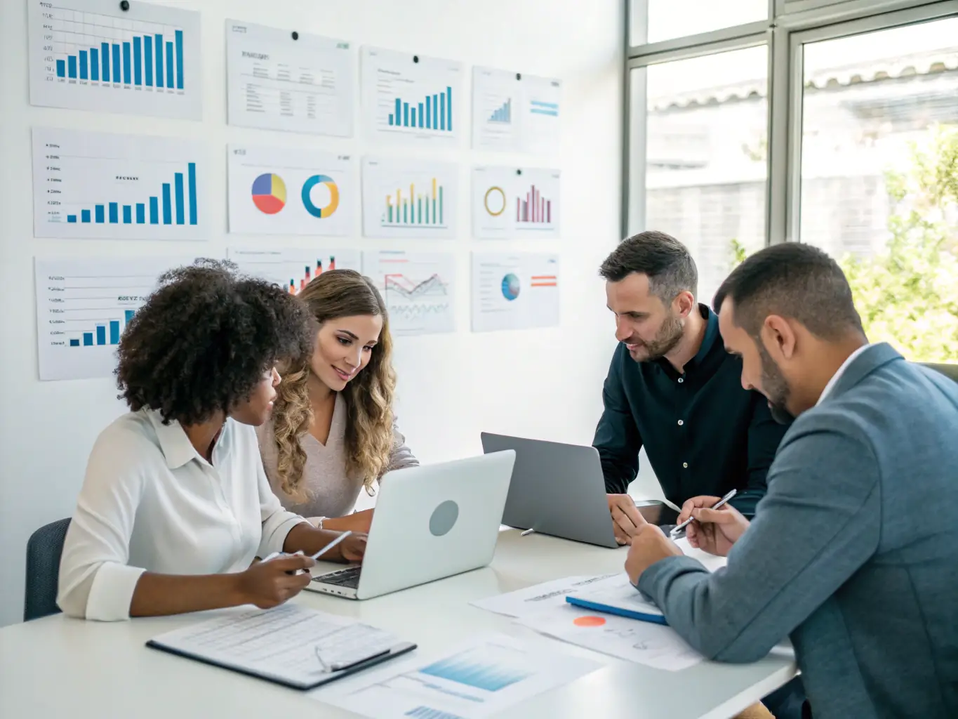 A professional photograph of a diverse team collaborating in a modern office setting, reviewing sales data and marketing strategies, with food products subtly displayed in the background.
