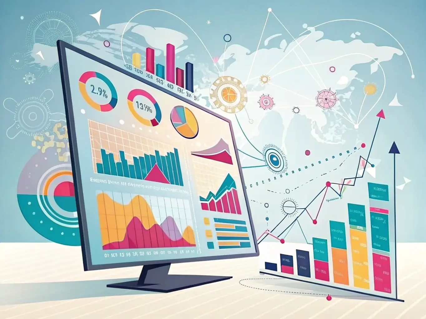 A digital illustration depicting a detailed supply chain management dashboard with real-time data, charts, and alerts, showcasing PSAND LLC's proactive order monitoring system.