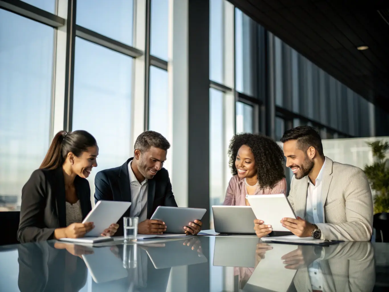 A photograph of a diverse team collaborating in a modern office setting, reviewing shipment schedules and coordinating logistics to ensure on-time delivery.