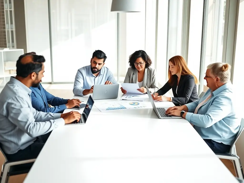 A professional team collaborating on market strategies with various food products displayed in the background, symbolizing PSAND LLC's comprehensive approach to food brokerage and marketing.