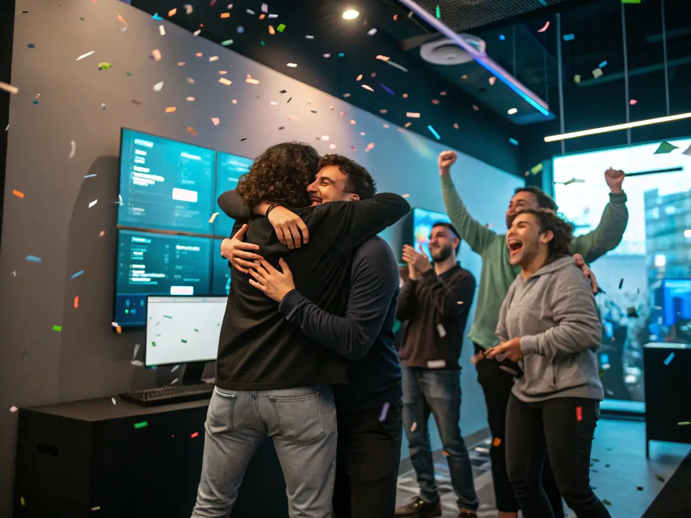 An image depicting a successful product launch with celebratory elements, showcasing increased sales and positive customer feedback.